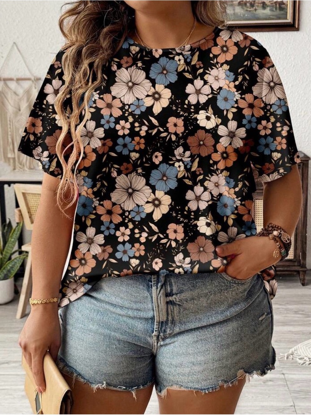 Black Floral Short Sleeve Tee with Blue, Tan & Cream Flowers